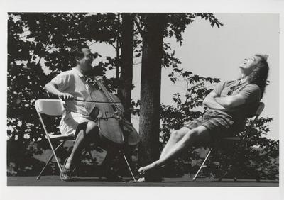 Yo-Yo Ma and Mark Morris during the filming of "Falling Down Stairs," 1994
