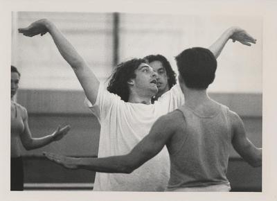 Mark Morris with Guillermo Resto and Keith Sabado rehearsing "Going Away Party" at Rue Bara Studios, circa 1990