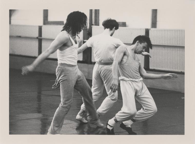 Guillermo Resto, Jon Mensinger, and Keith Sabado rehearsing "Going Away Party" at Rue Bara Studios, circa 1990