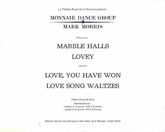 Program for Monnaie Dance Group/Mark Morris, Théâtre Royal de la Monnaie - January 19-20, 1990