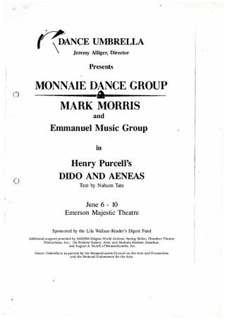 Program for "Dido and Aeneas," Dance Umbrella (Boston, MA) - June 6-11, 1989