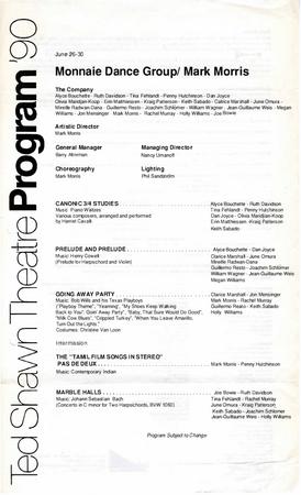 Program for Monnaie Dance Group/Mark Morris, Jacob's Pillow Dance Festival - June 26-30, 1990