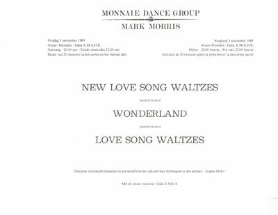 Program for "Love Song Waltzes and Other Works," Monnaie Dance Group/Mark Morris, Théâtre Royal de la Monnaie - November 4-19, 1989