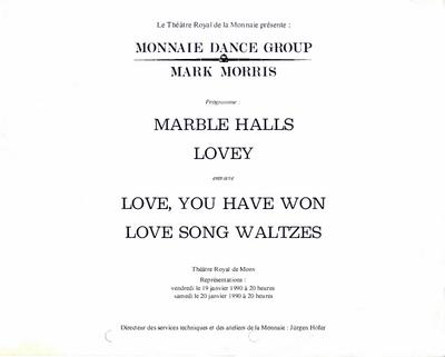 Program for Monnaie Dance Group/Mark Morris, Théâtre Royal de la Monnaie - January 19-20, 1990