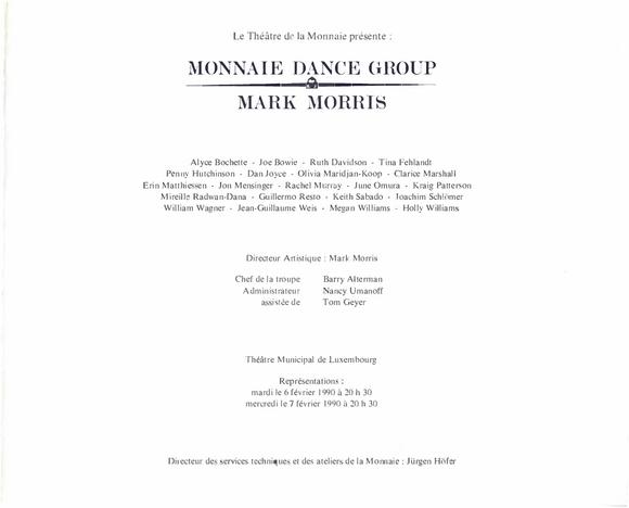 Program for Monnaie Dance Group/Mark Morris, Théâtre Royal de la Monnaie - February 6-7, 1990