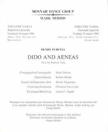 Program for "Dido and Aeneas," Monnaie Dance Group/Mark Morris, Théâtre Royal de la Monnaie - March 10, 1989 