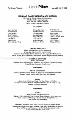 Program for Monnaie Dance Group/Mark Morris, Jacob's Pillow Dance Festival - June 27-July 1, 1989