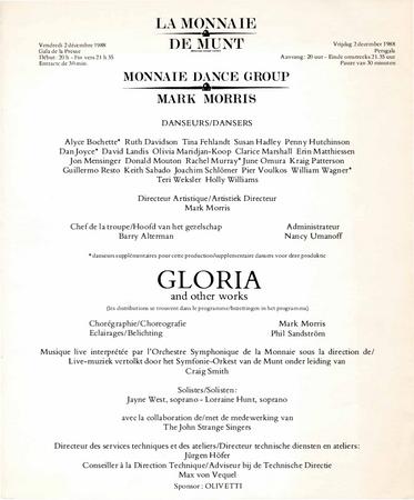 Program for "Gloria and Other Works," Théâtre Royal de la Monnaie - December 2-21, 1988