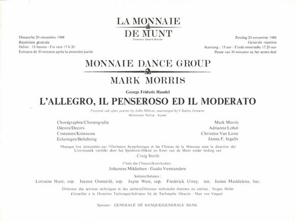 Program for the Avant Premiere of "L'Allegro, il Penseroso ed il Moderato," Monnaie Dance Group/Mark Morris, Théâtre Royal de la Monnaie  - November 20, 1988