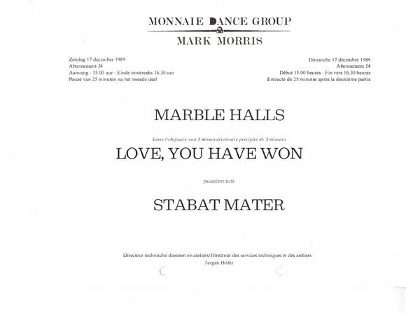 Program for "Stabat Mater and Other Works," Théâtre Royal de la Monnaie - December 17-29, 1989