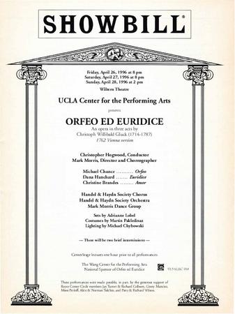 Program for "Orfeo ed Euridice," UCLA Center for the Performing Arts - April 26-28, 1996