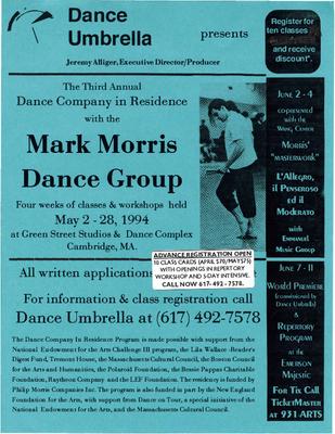 Flyer for Dance Company in Residence with the Mark Morris Dance Group - May 2-28, 1994