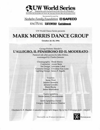 Program for "L'Allegro, il Peneroso ed il Moderato," UW World Series - October 26-30, 1994