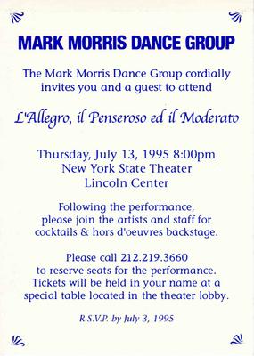 Invitation for performance of  "L'Allegro, il Penseroso ed il Moderato," Lincoln Center for the Performing Arts - July 13, 1995