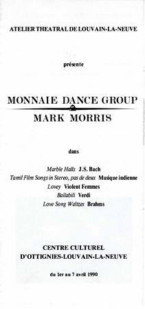 Program for Monnaie Dance Group/Mark Morris, Atelier Theatral de Louvain-la-Neuve - April 1-7, 1990