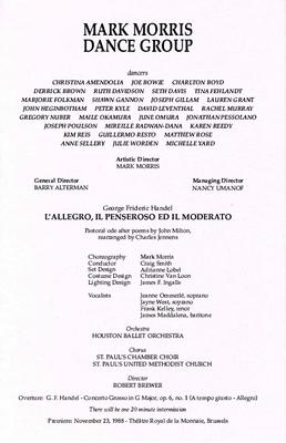 Libretto for "L'Allegro, il Penseroso ed il Moderato," Society for the Performing Arts - January 27-29, 2000