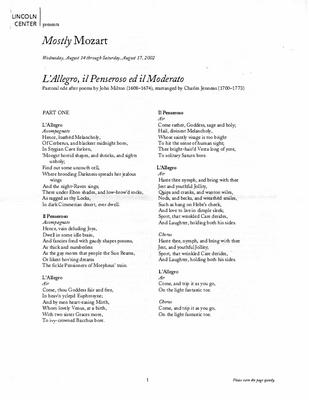 Libretto for "L'Allegro, il Penseroso ed il Moderato," Lincoln Center Mostly Mozart Festival - August 14-17, 2002