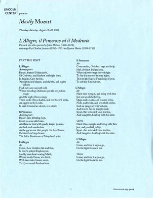 Libretto for "L'Allegro, il Penseroso ed il Moderato," Lincoln Center Mostly Mozart Festival - August 18-20, 2005