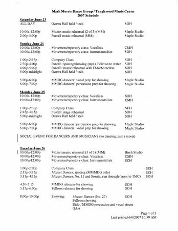 Production schedule for Tanglewood Music Center - June 23-29, 2007