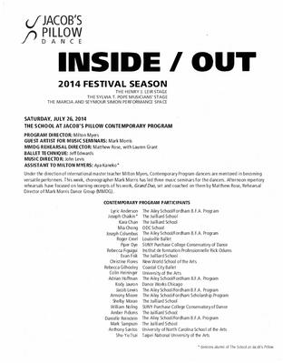 Program for Inside/Out, The School at Jacob's Pillow Contemporary Program - July 26, 2014