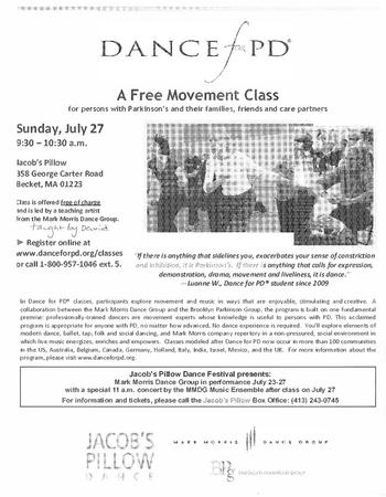 Flyer for Dance for PD free movement class, Jacob's Pillow Dance Festival - July 27, 2014