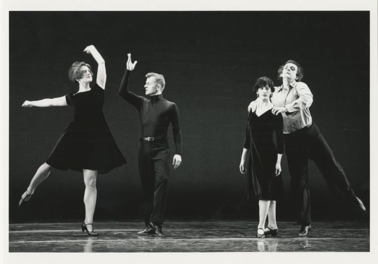 Tina Fehlandt, Mikhail Baryshnikov, Marjorie Folkman, and Mark Morris in the premiere performance run of "The Argument," 1999