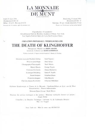 Program for "The Death of Klinghoffer," Théâtre Royal de la Monnaie (Brussels, Belgium) - March 19-April 2, 1991