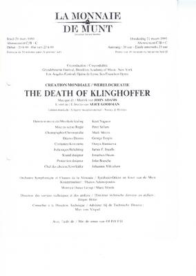 Program for "The Death of Klinghoffer," Théâtre Royal de la Monnaie (Brussels, Belgium) - March 19-April 2, 1991