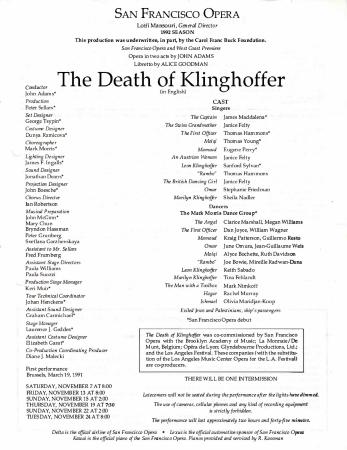 Program for "The Death of Klinghoffer," San Francisco Opera (San Francisco, CA) - November 7-24, 1992