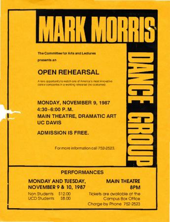Flyer for open rehearsal with the Mark Morris Dance Group at UC Davis - November 9, 1987