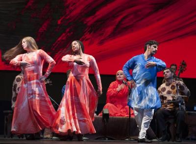 Dancers Rita Donahue, Michelle Yard, and Domingo Estrada, Jr., with musicians Fargana Qasimova, Rauf Islamov, and Shawn Conley in "Layla and Majnun," 2016