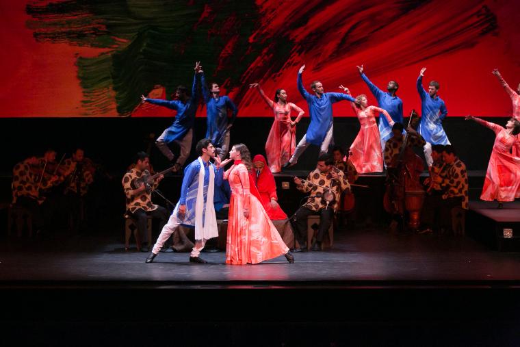Domingo Estrada, Jr. and Nicole Sabella (in foreground) with the Dance Group and members of The Silk Road Ensemble in "Layla and Majnun," 2017