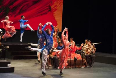 Billy Smith and Nicole Sabella (in foreground), Aaron Loux and Rita Donahue (in middle), and Lesley Garrison and Durell R. Comedy (in back) in "Layla and Majnun," 2016 