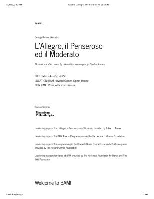 Program for “L’Allegro, il Penseroso ed il Moderato,” BAM (Brooklyn Academy of Music) - March 24-27, 2022