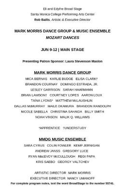 Program for “Mozart Dances,” BroadStage - June 9-12, 2022