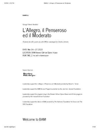 Program for "L'Allegro, il Penseroso ed il Moderato," Brooklyn Academy of Music - March 24-27, 2022