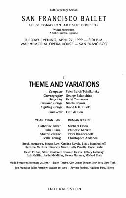 Program for San Francisco Ballet - April 27, 1999