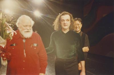 Lou Harrison, Mark Morris, and Yo-Yo Ma after the premiere of "Rhymes With Silver" at Cal Performances - March 6, 1997