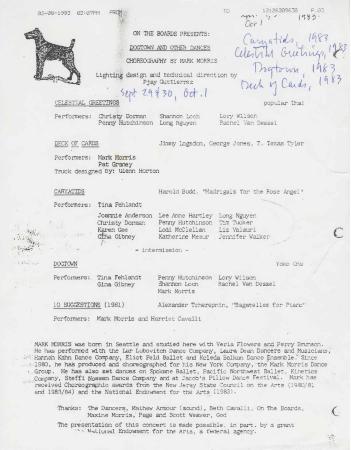 Program for "Dogtown and Other Dances" at On the Boards (Seattle, WA) - September 29-October 1, 1983