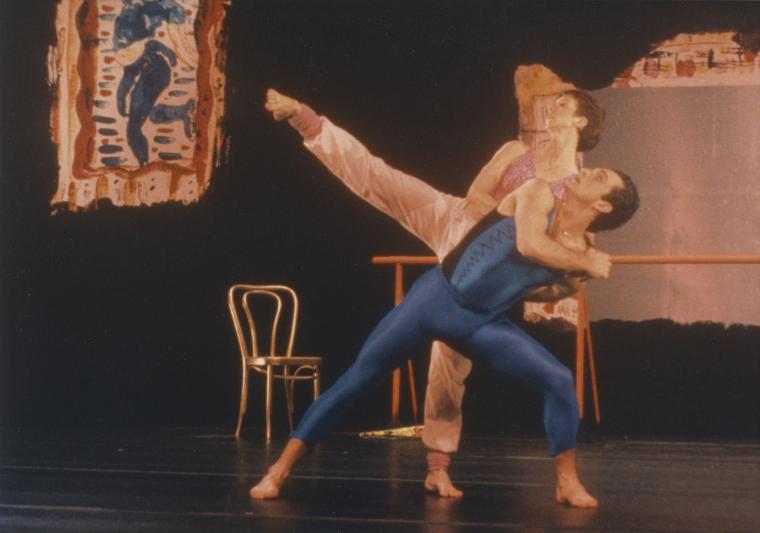 Mark Morris and Penny Hutchinson in "The 'Tamil Film Songs in Stereo' Pas de Deux" on the set of "Great Performances," 1986