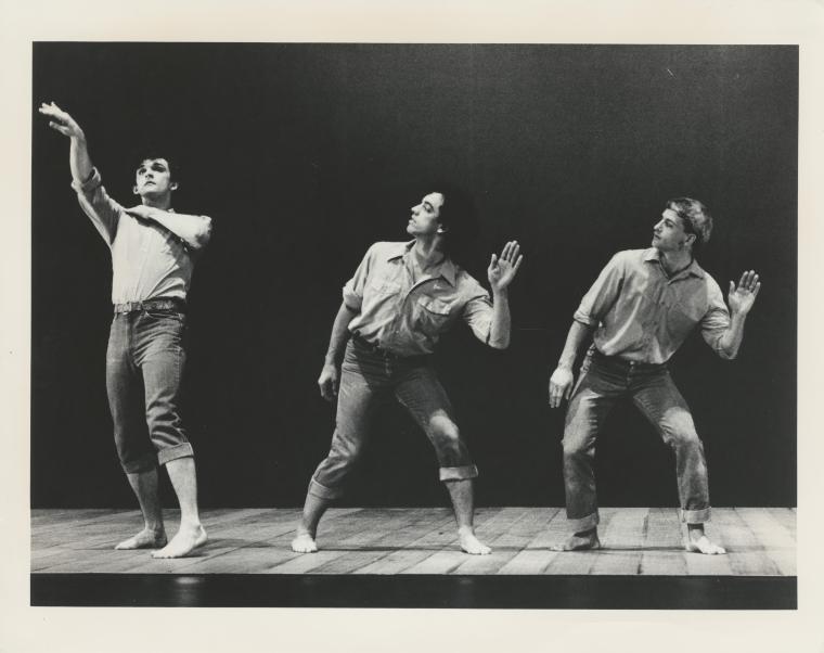 Mark Morris, Guillermo Resto, and Donald Mouton in "Songs That Tell a Story" on the set of "Great Performances," 1986